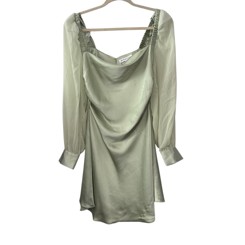 WeWoreWhat 4 Sage Green Satin Chiffon Long Sleeve Mini Dress Open Back Cocktail